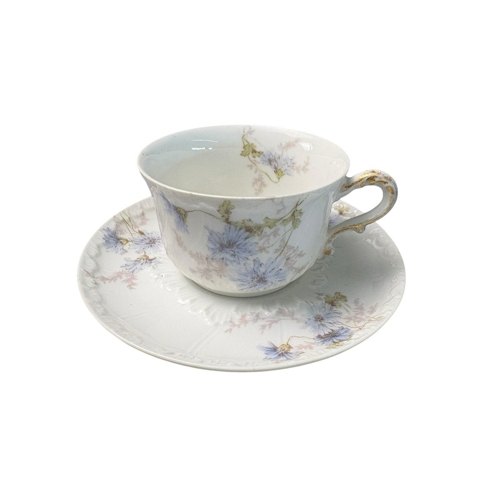 Antique Haviland‎ Limoges France Blue Floral Tea Cup & Saucer Set